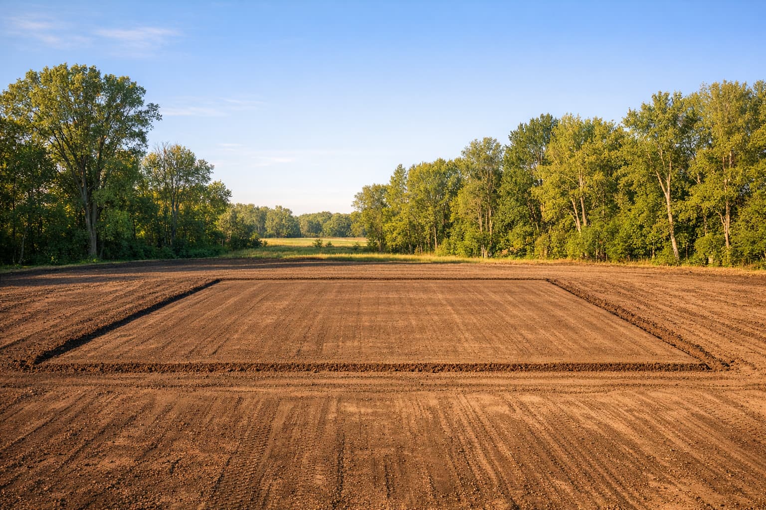 Pristine construction-ready residential home lot with clean graded building pad, compacted earth, and mature tree line at perimeter, ready for a builder to break ground