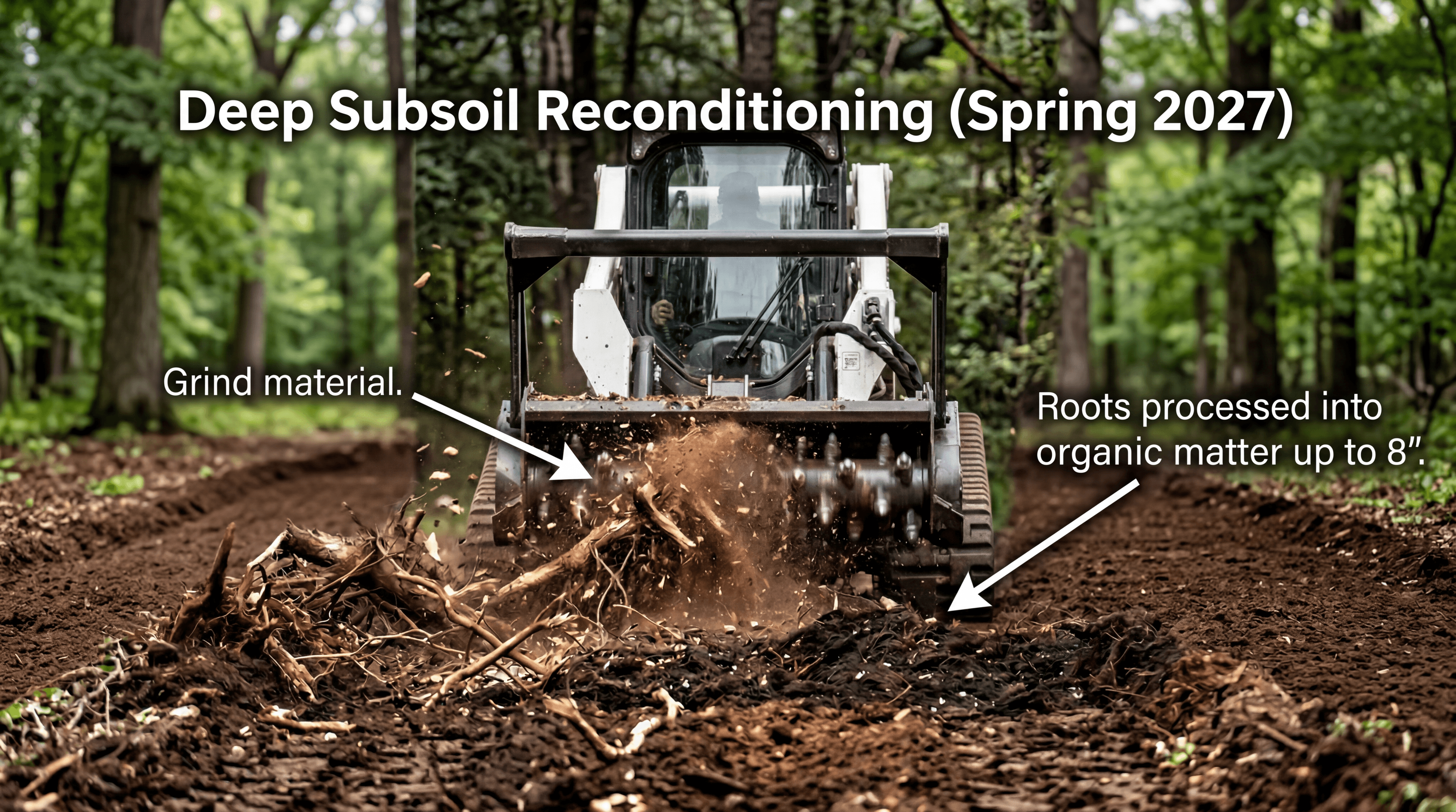 Skid steer loader processing roots into organic matter for deep subsoil reconditioning in a forest.