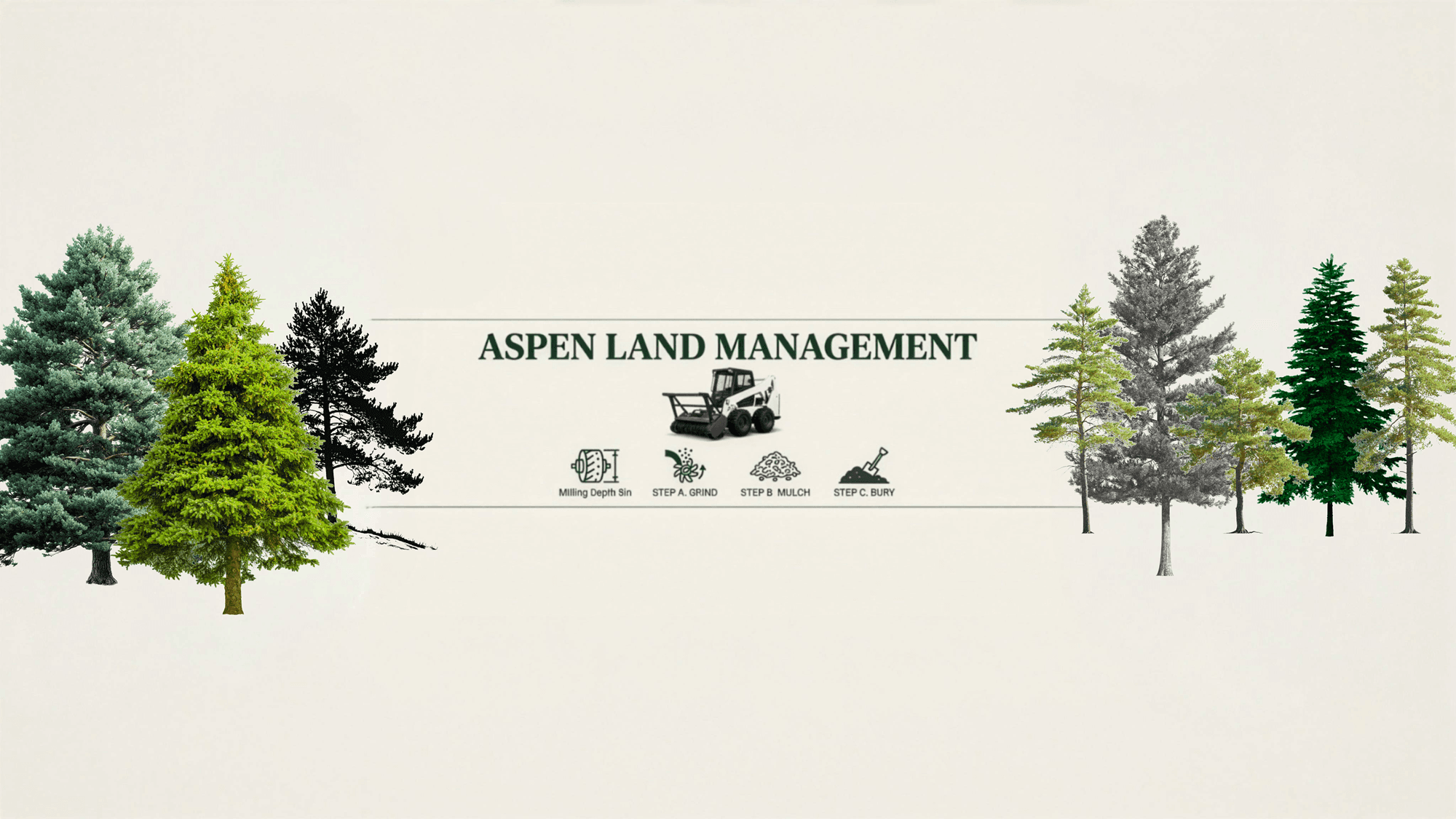 Aspen Land Management banner featuring evergreen trees and icons for grinding, mulching, and burying.